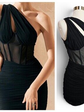 Privy Dress M One Shoulder Ruched Mesh Corset Bodycon Mini Black Cocktail Party